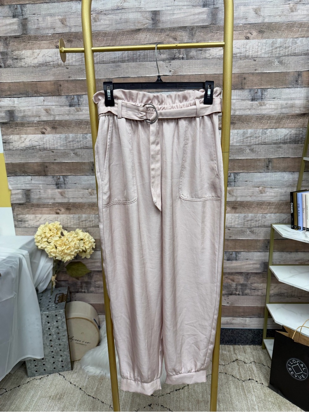 No label pink satin jogger w/ belt small